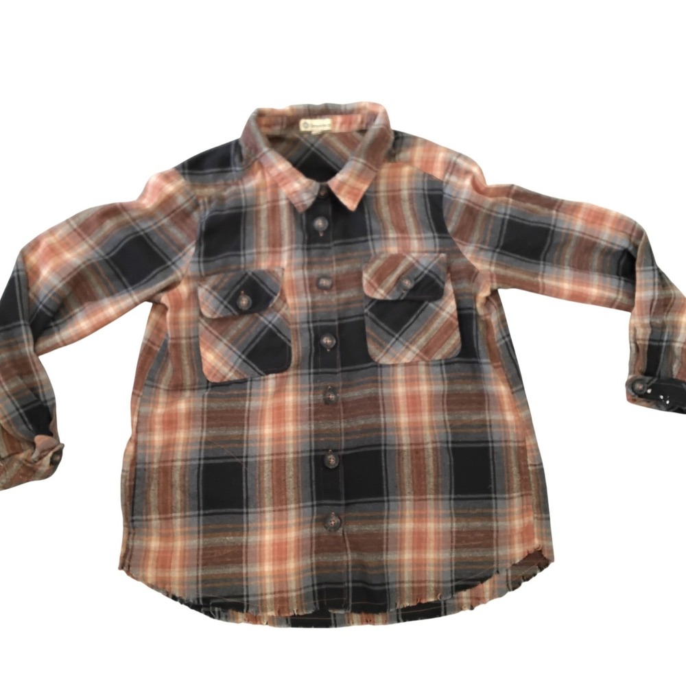 Democracy Womens Plaid Flannel Button Down Shirt Orange‎ Black Raw Hem Small